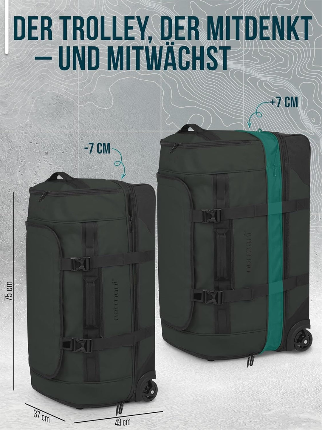 normani XXL Reisetasche 100-120 Liter 2-Rad Trolley gross Weichgepäck Travel Bag mit Rollen und 8 Fä