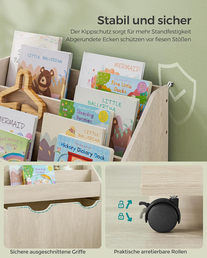 SONGMICS Bücherregal Kinder, Kinderregal, Spielzeugregal, mit 3 Regalebenen, Aufbewahrungsbox auf Ro