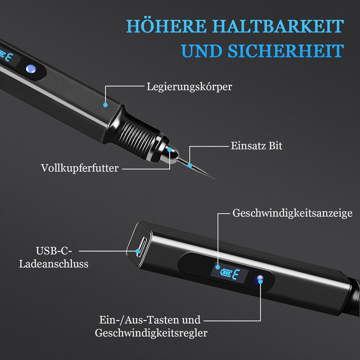 Gravierstift Kit Wiederaufladierbar mit 33 Bits 10 Schablonen Mini Graveur Gravurwerkzeug Zu 21000 U