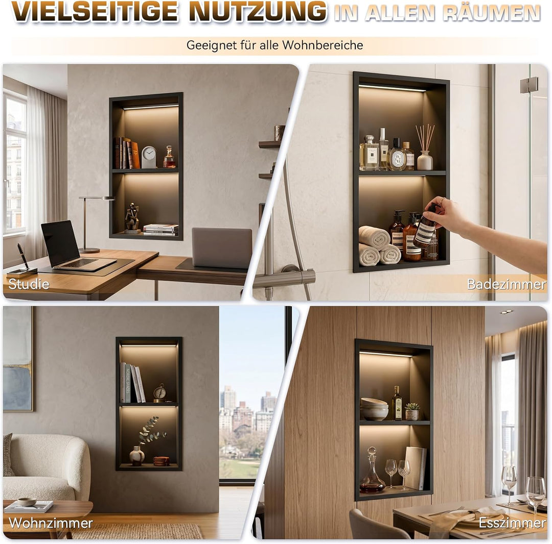 60 x 30 cm Wandnische Dusche, 304 Edelstahl Eingebettete Duschnische mit LED-Beleuchtung &amp; Transform