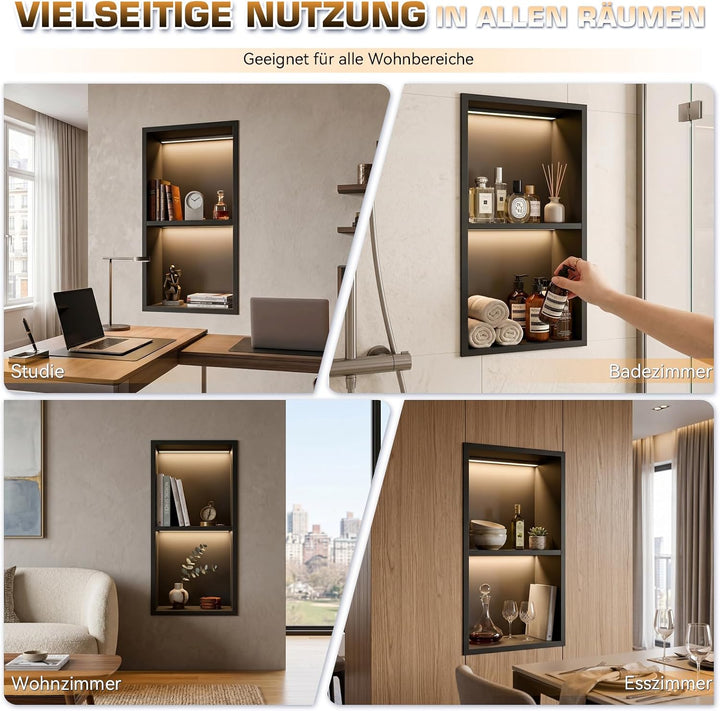 60 x 30 cm Wandnische Dusche, 304 Edelstahl Eingebettete Duschnische mit LED-Beleuchtung &amp; Transform