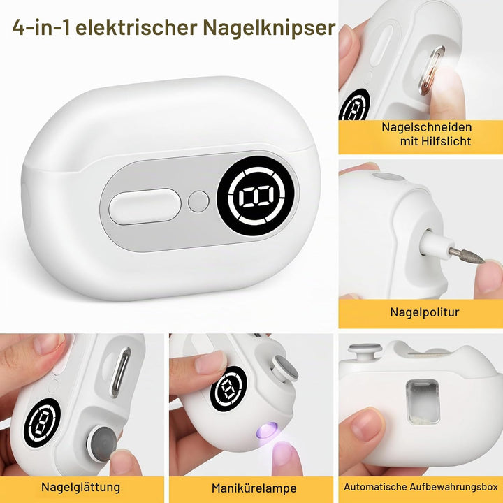 4-in-1 Elektrischer Nagelknipser – Elektrischer Nageltrimmer mit LED-Licht,UV-Lampe und Aufbewahrung