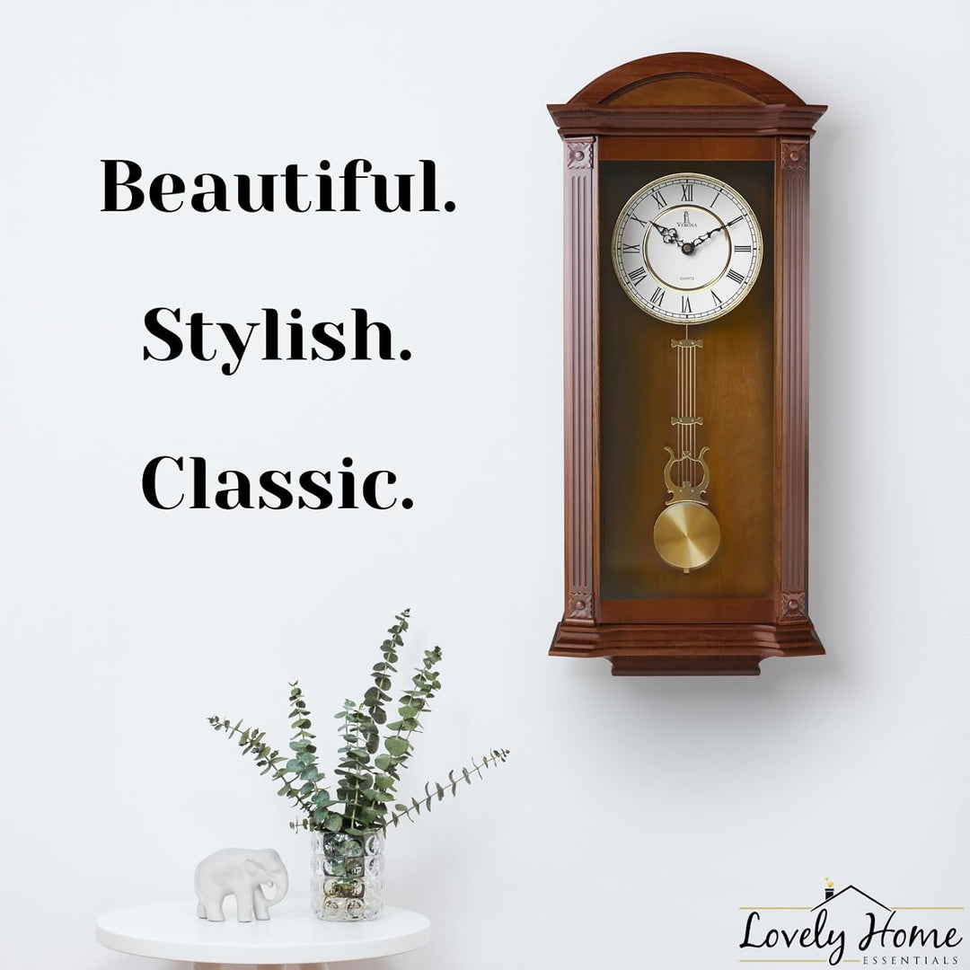 Verona Edel Holz Pendel Wanduhr mit Glas Front – Schöne und dekorative Uhr mit mittelgross braun fin