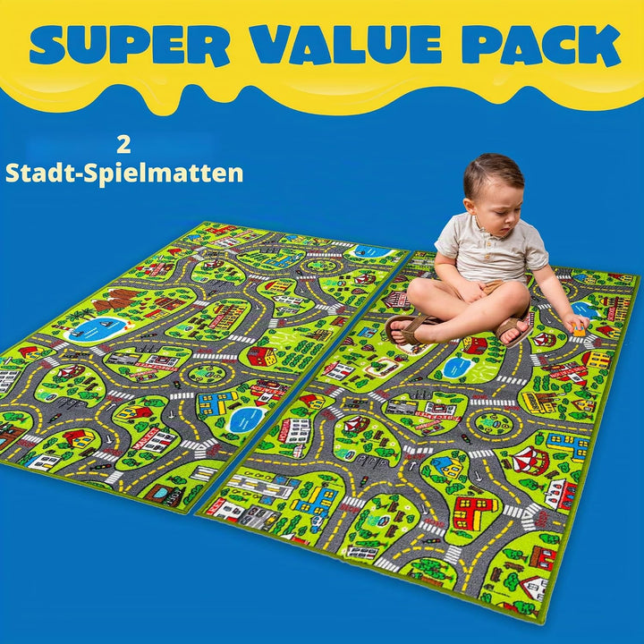 2 Teppich Kinderzimmer 80x150cm (Gesamt 160x150cm) für Kinder ab 3 Jahren, Spielteppich Strasse Kind