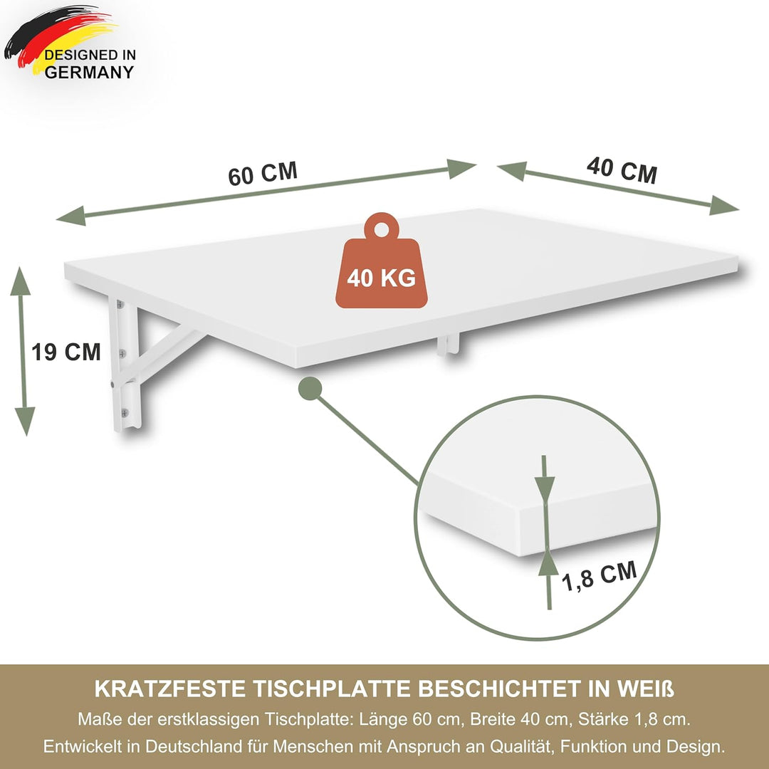 KDR Wandklapptisch 60x40 cm Weiss – Klappbarer Tisch zur Wandmontage – als Esstisch, Schreibtisch, K