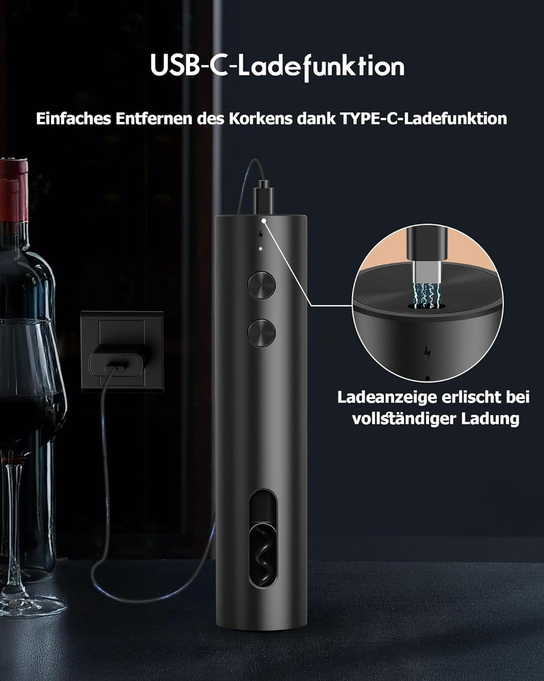 Elektrischer Weinöffner Rechargeable – Elektrischer Korkenzieher USB-C, Mini Tragbar, Schwarzes Matt