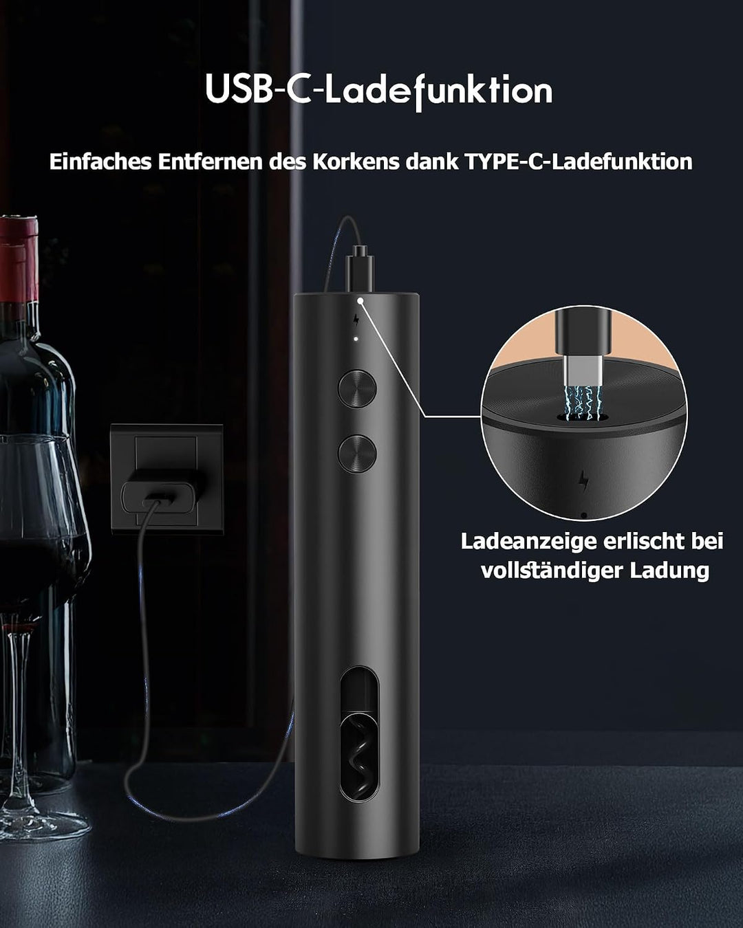 Elektrischer Weinöffner Rechargeable Set mit Standfuss – Elektrischer Korkenzieher USB-C mit Vakuum-