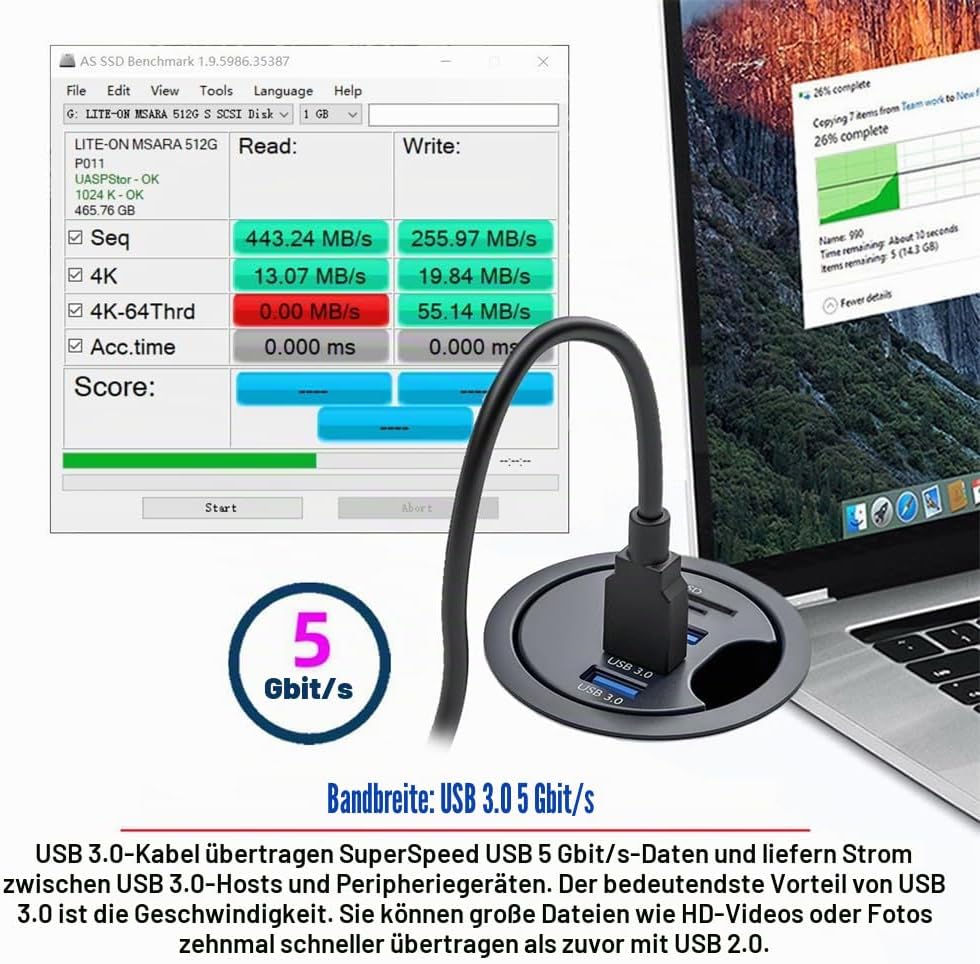 xiwai USB 3.0 Hub Splitter, SD TF 3 Port USB Multiport Expander 60mm Desk Grommet Dock Station Micro
