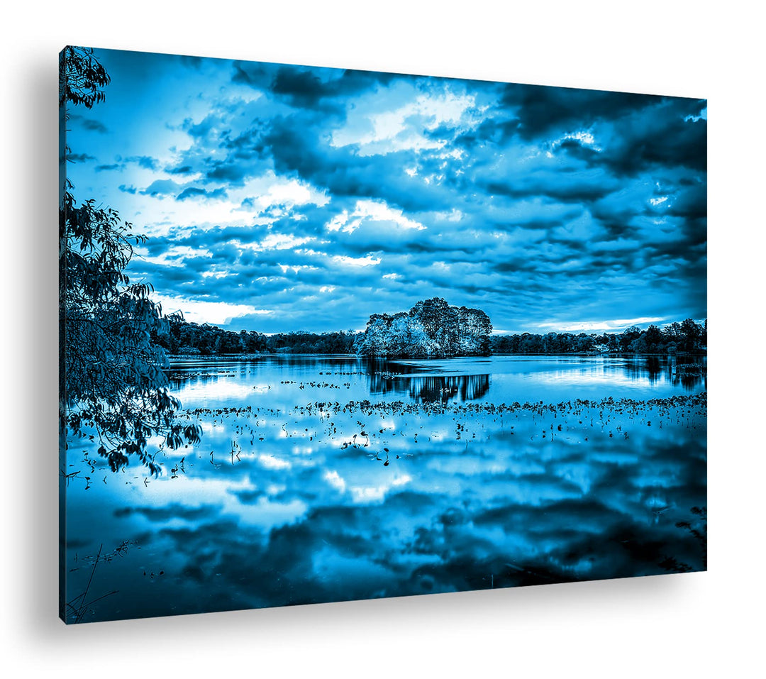 deyoli malerischer bewölkter See Format 80x60 Effekt: Monocrome Blau als Leinwandbild, Motiv fertig