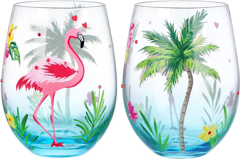 NymphFable Flamingo Weingläser ohne Stiel 2er-Set, Handbemaltes Bunte Weinglas Geschenk für Frauen,