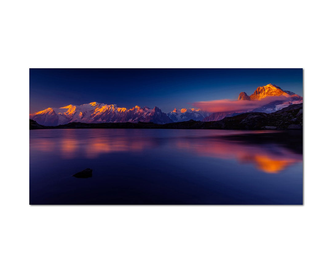 120x80cm - Fotodruck auf Leinwand und Rahmen Mont Blanc Berge See Abendrot - Leinwandbild auf Keilra