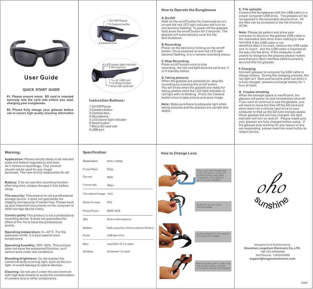 OhO Camera Glasses,32GB 1080P Full HD Sports Cam Sunglasses with Built in 15MP Camera and Polarized