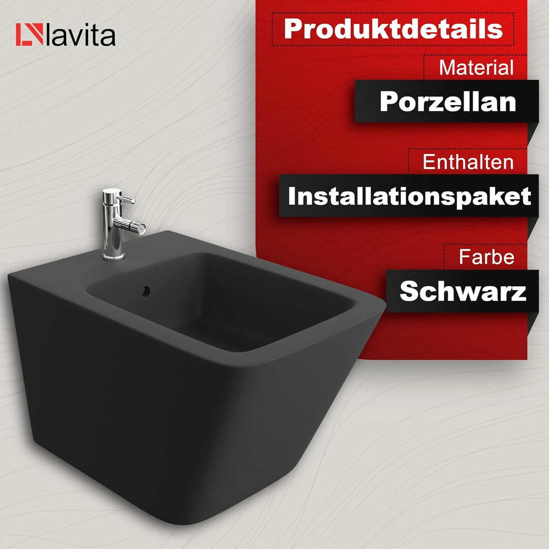LAVITA Universal Wand-Bidet Lago Black mit Hahnloch und Überlaufschutz aus Keramik Sitzwaschbecken z