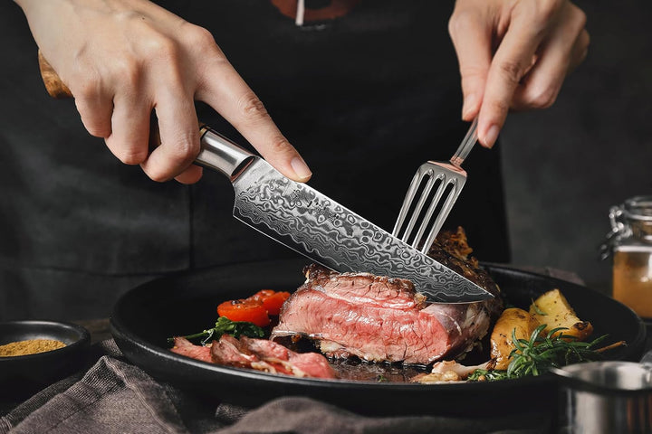 HEZHEN 6PCS Damaskus-Steakmesser Küchenmesser-Set Professionelles geschmiedetes mit hohem Kohlenstof