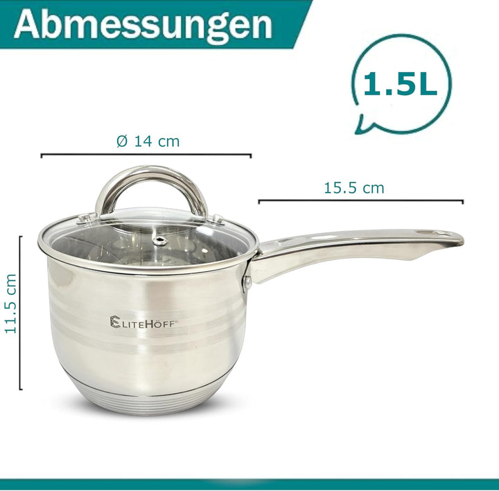 EliteHoff Stielkasserolle 7-Lagen Edelstahl Kasserolle mit Deckel, Kochtopf Induktion, Topf für alle