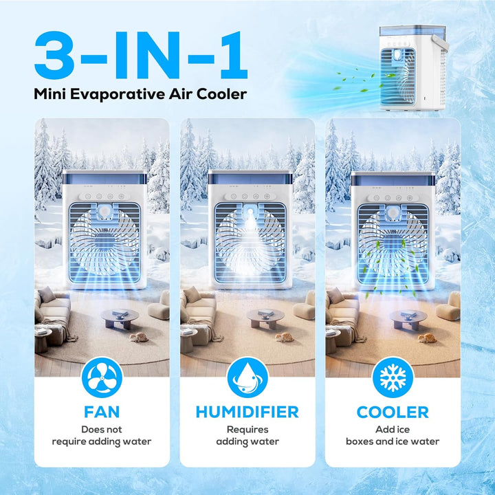 Tragbares Klimagerät, 3-in-1 Verdunstungskühler mit 3 Geschwindigkeiten &amp; 2 Nebelmodi, 1000ml Mini K