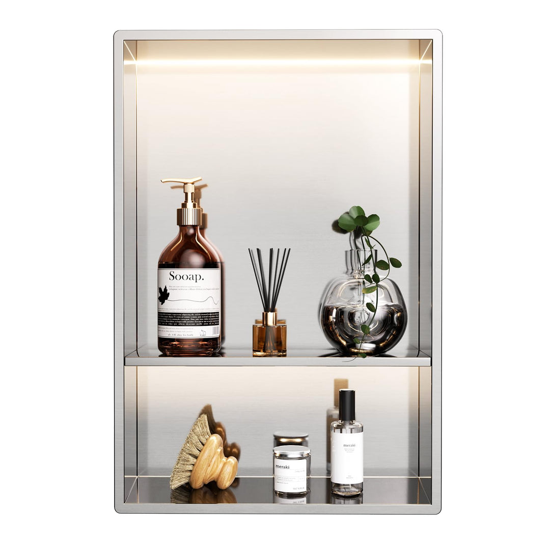 30 x 45 cm Duschnische mit LED-licht, 3000K warmes LED-Licht(Nicht dimmbar), Doppelnische Wandnische