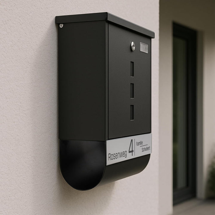 Grafner Briefkasten personalisiert, schwarz mit Zeitungsfach und 2 Schlüssel, V2A Namensschild, Post