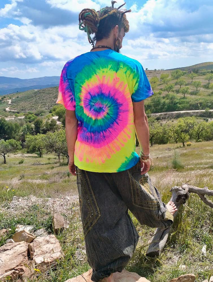 Batik T-Shirt Neon Rainbow Festival Hippie Goa Psytrance (L), L