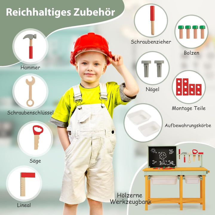 COSTWAY Werkzeugbank Kinder, Spielwerkbank aus Holz mit Tafel &amp; 2 Aufbewahrungsboxen, Werkstatt Werk