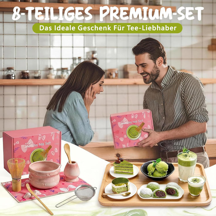 Matcha Set 8-Piece Premium Tea Ceremony Kit with Ceramic Bowl, 100+ Tines Bamboo Whisk (Chasen), Hol
