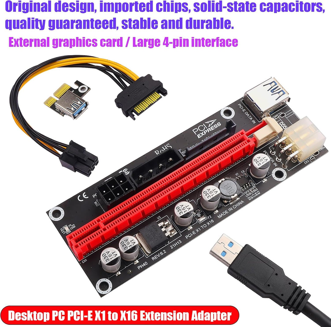 PCIe 1X auf 16X Riser Karte für Bitcoin Mining - 3 Netzteiloptionen (6Pin, Molex, SATA), 60 cm gesch