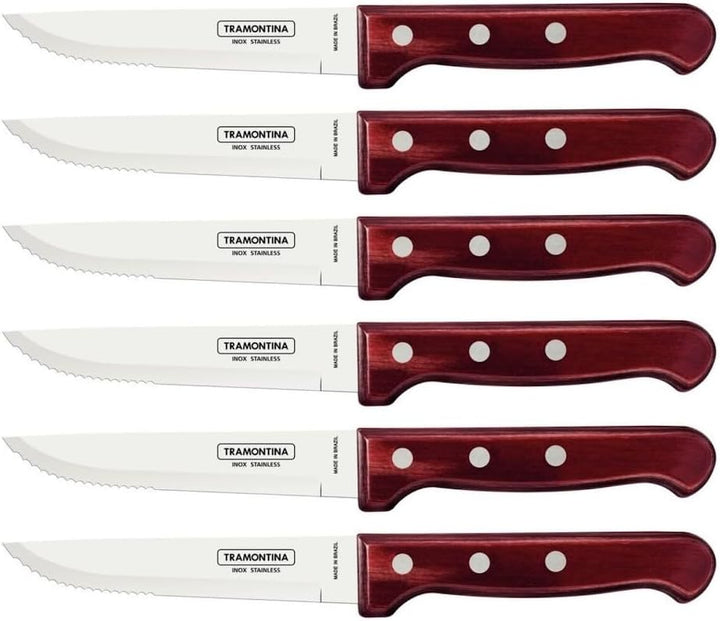 Tramontina Steakmesser Gaucho, Set 6-teilig, Edelstahl, Holzgriff rot, FSC, Mehrfarbig