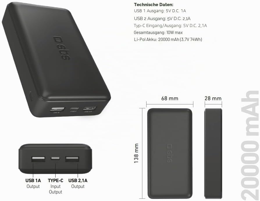 SBS Power Bank Ladegerät 20000 mAh, 1 x 10W USB-A Port und 1 x 5W, 1 x 10W USB-C, schlank, leicht, l