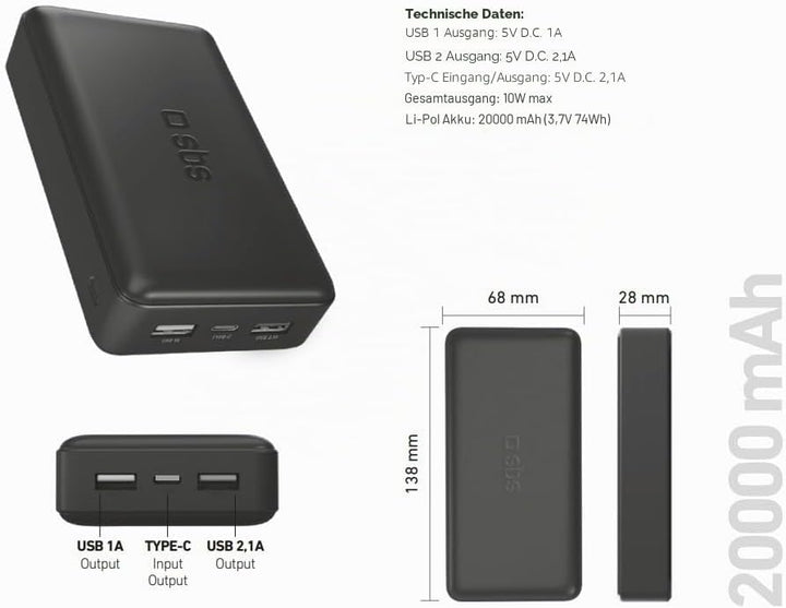 SBS Power Bank Ladegerät 20000 mAh, 1 x 10W USB-A Port und 1 x 5W, 1 x 10W USB-C, schlank, leicht, l