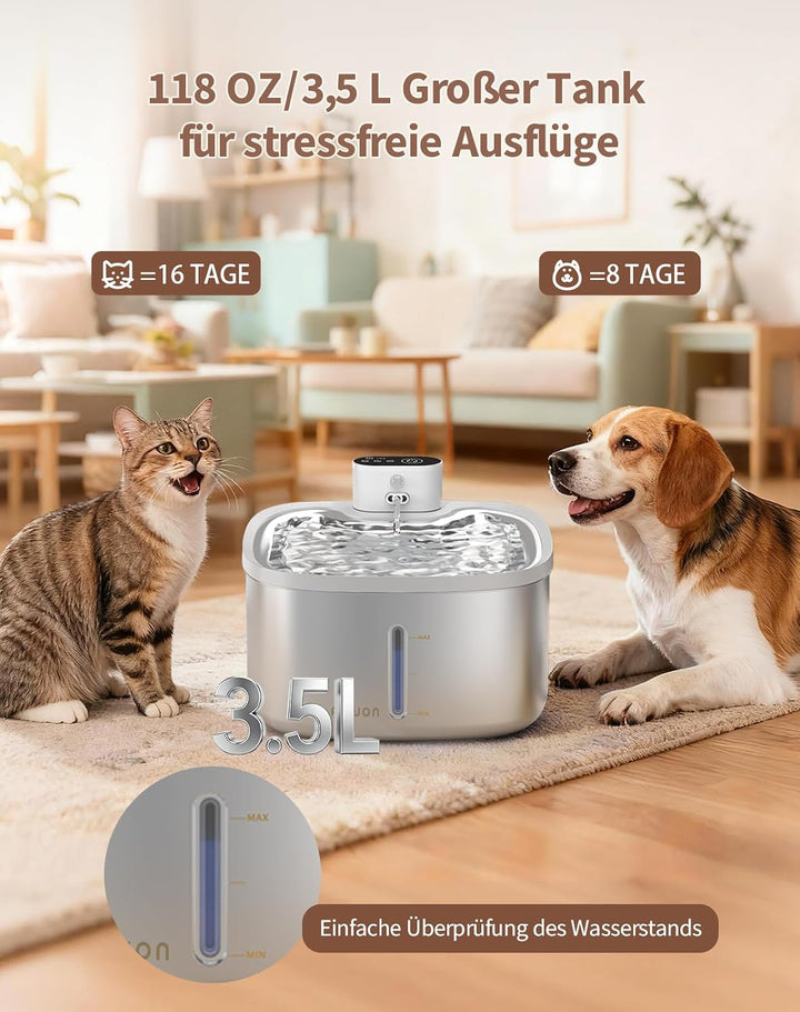Trinkbrunnen Für Katze Kabellos, 3.5L katzenbrunnen Edelstahl, Drahtlos &amp; Ultra-leise mit Sensor- un