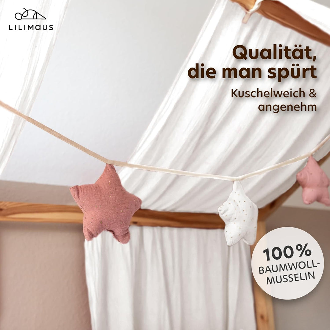 LILIMAUS Sternen Wimpelkette Stoff - Mit Goldapplikation in 12 Farben - Kinderzimmer Deko - 100% Bau