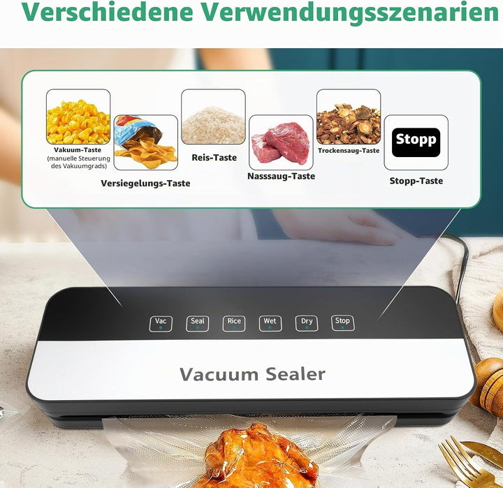 Vakuumierer, 6-in-1 Vakuumierer Lebensmittel Trocken-/Nassmodus, Lebensmittelfolien-Versiegelungsger