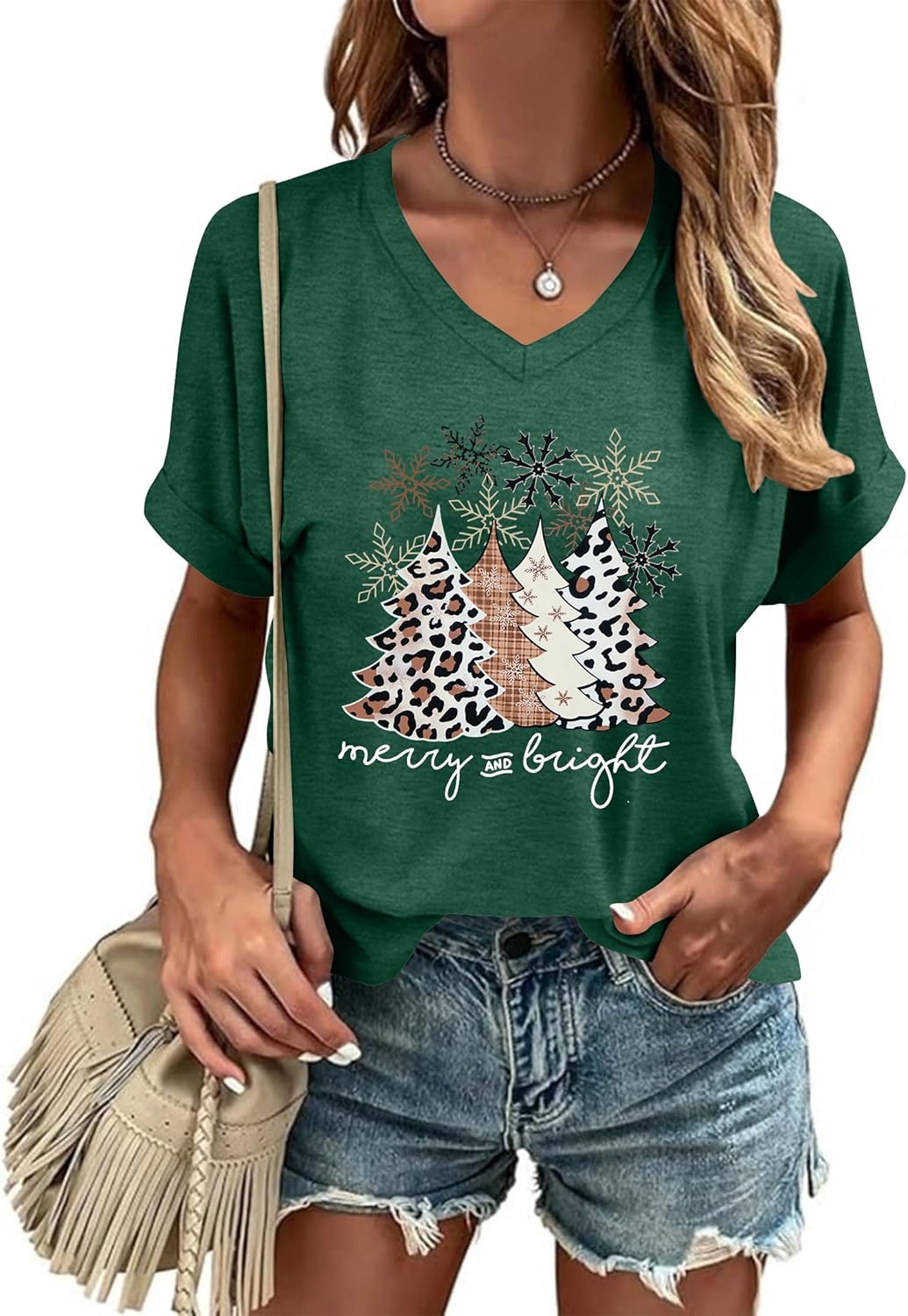 hohololo Weihnachts Tshirt Damen Christmas Shirt Merry Christmas V-Ausschnitt-T-Shirt Grün1 S, Gr&amp;