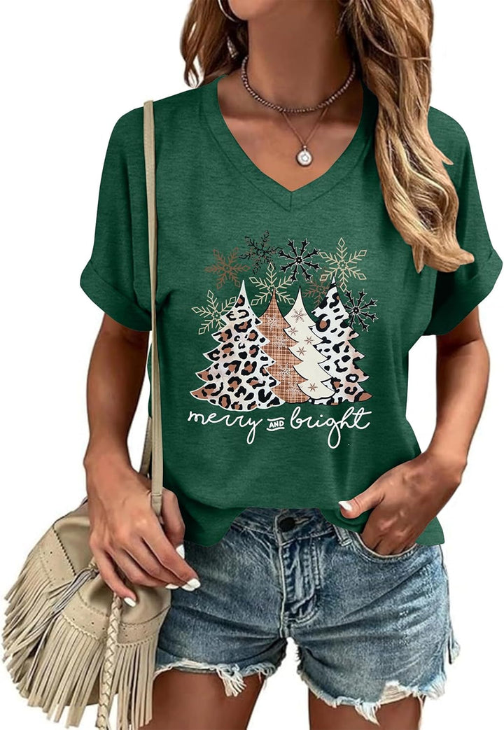 hohololo Weihnachts Tshirt Damen Christmas Shirt Merry Christmas V-Ausschnitt-T-Shirt Grün1 M, Gr&#x