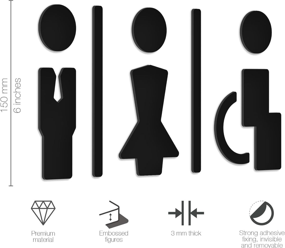 3DP Signs - Geprägt Toilette Design türschild SA113 Schwarz wc schilder selbstklebend - Moderne Dame