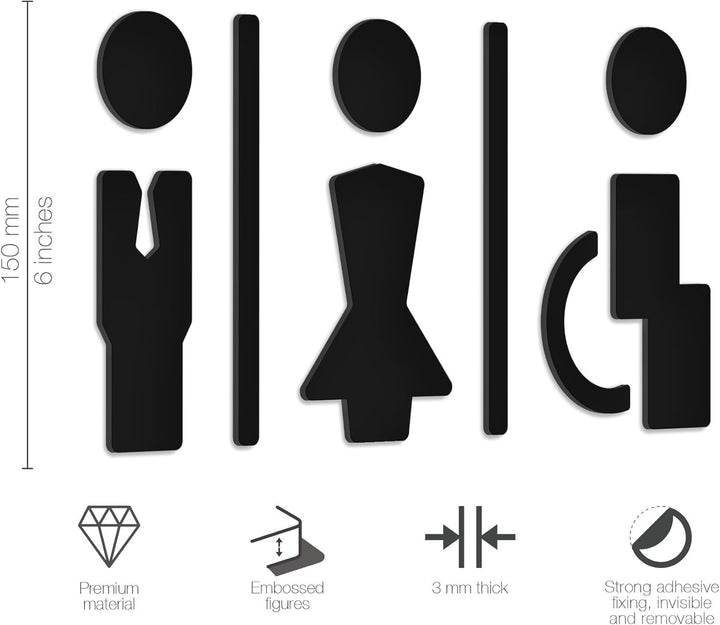3DP Signs - Geprägt Toilette Design türschild SA113 Schwarz wc schilder selbstklebend - Moderne Dame