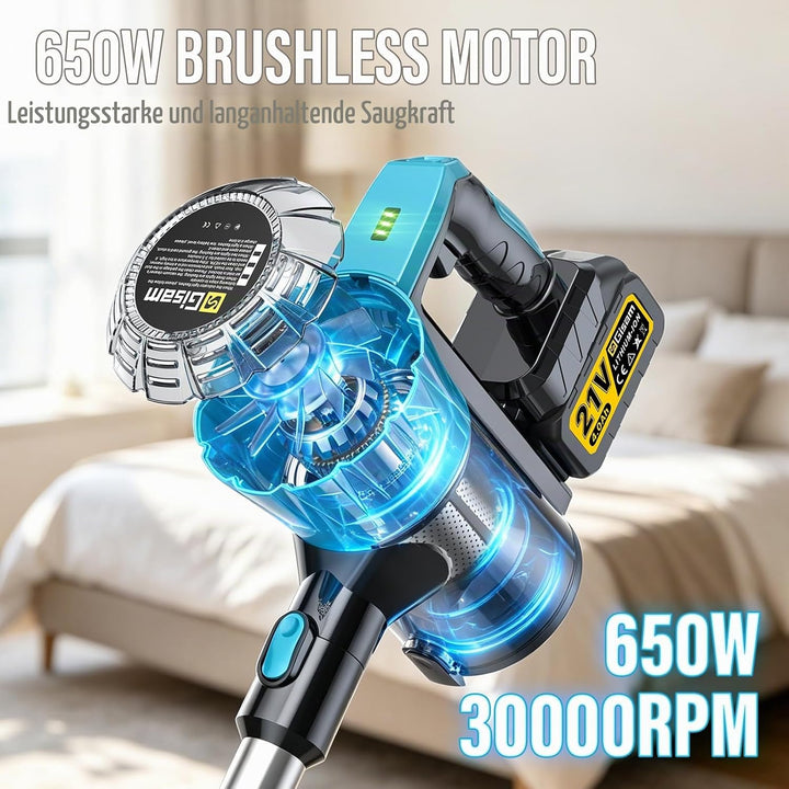 Gisam Akku Staubsauger Kabellos 55000 Pa/650W/70Min, Bürstenloser Motor Mit DREI verschiedenen Bürst