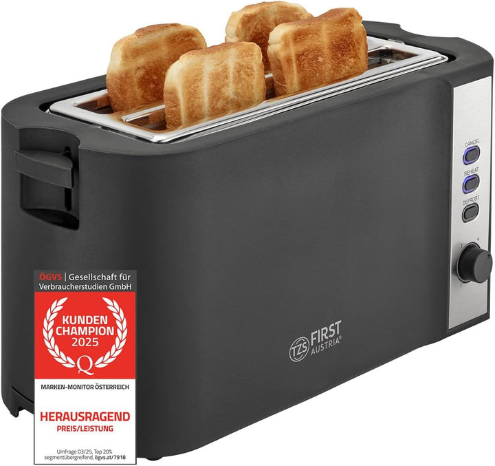 TZS First Austria Toaster | 4 Scheiben Langschlitz | 6 Bräunungsstufen | Auftau- und Aufwärmfunktion