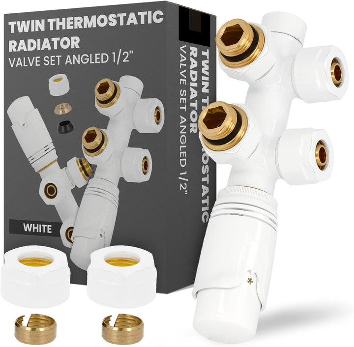 Multiblock Set Heizkörper Thermostat-Heizkörperventil-Set Eckform 1/2'' Weiss Anschlussarmatur Therm