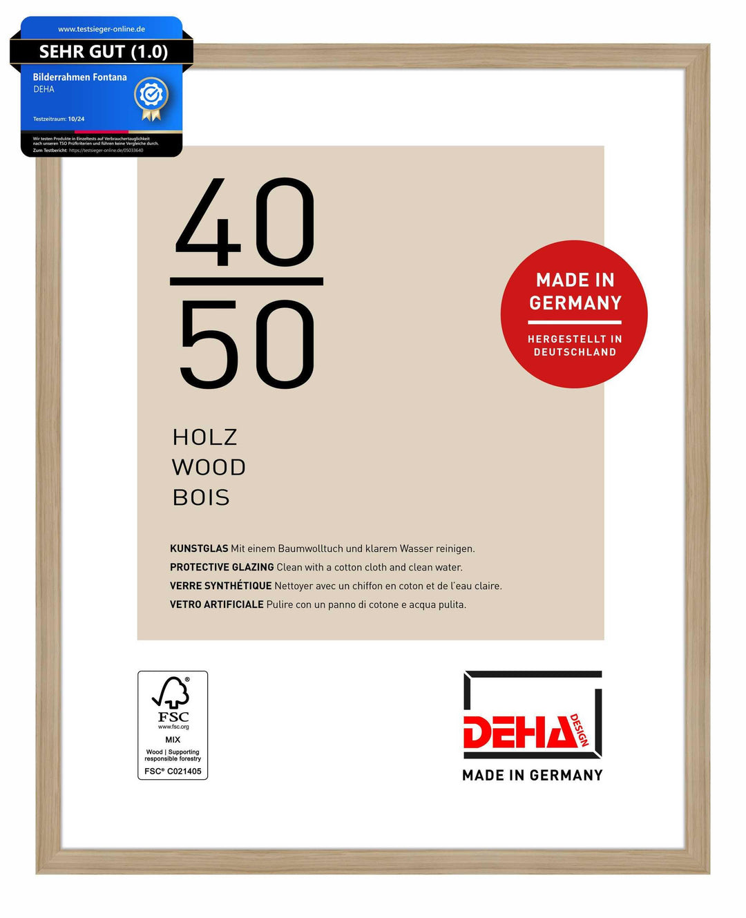 DEHA Design Bilderrahmen Fontana, 40x50 cm, Holz Eiche, bruchsicheres Acrylglas, für Poster und Bild