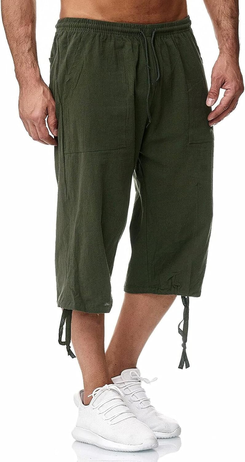 Remxi Herren-Shorts, 3/4-Leinen-Shorts, lockere Passform, Sommer, lässige Cargohose S Grün, S Grün