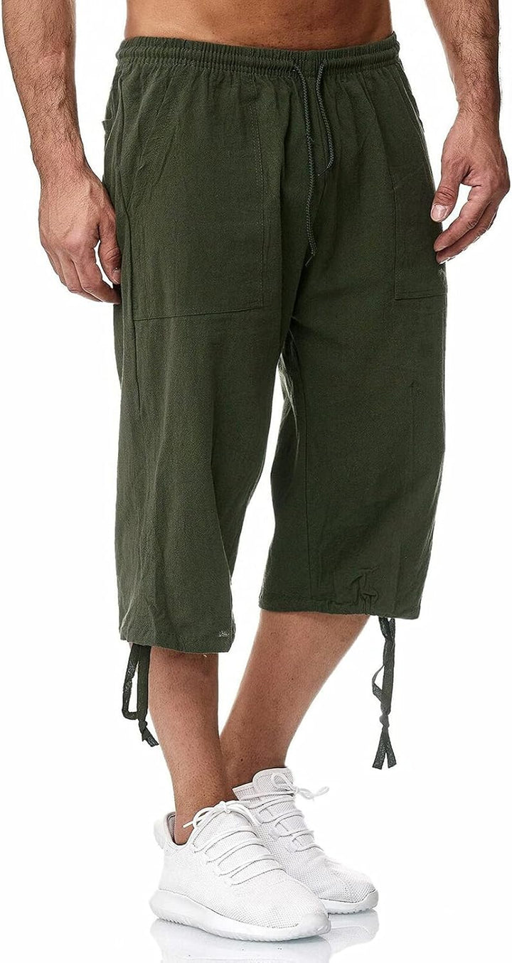 Remxi Herren-Shorts, 3/4-Leinen-Shorts, lockere Passform, Sommer, lässige Cargohose S Grün, S Grün