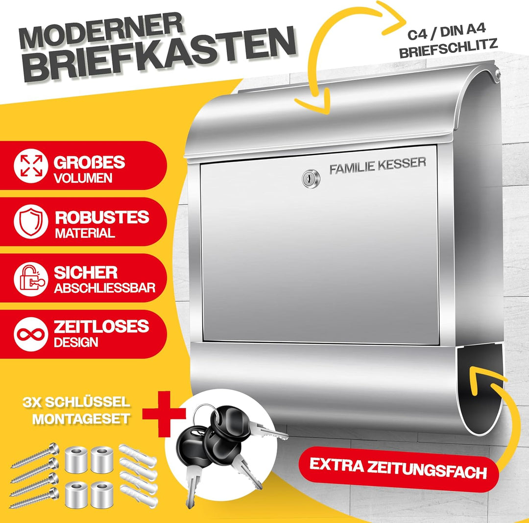 KESSER® XXL Briefkasten Edelstahl mit Zeitungsfach, gebürstet, 3X Schlüssel abschliessbar, Pulverbes