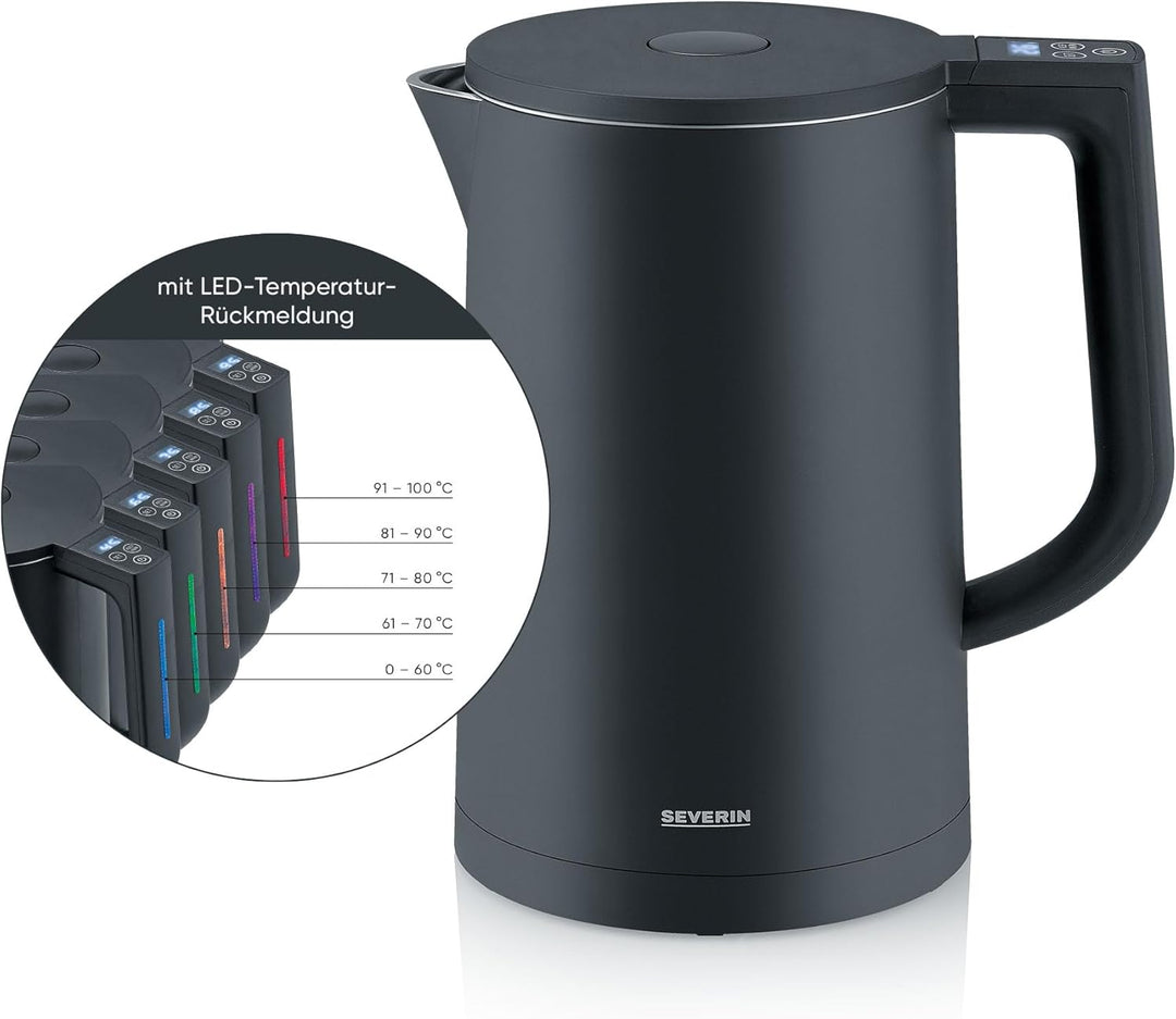 SEVERIN Cool-Touch Wasserkocher, doppelwandiger Wasserkocher, farbige LED-Temperatur-Rückmeldung im