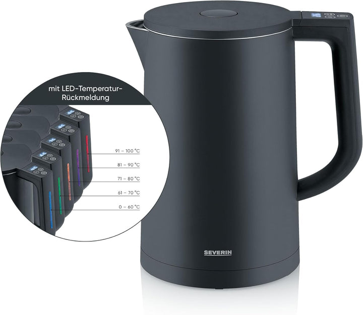 SEVERIN Cool-Touch Wasserkocher, doppelwandiger Wasserkocher, farbige LED-Temperatur-Rückmeldung im