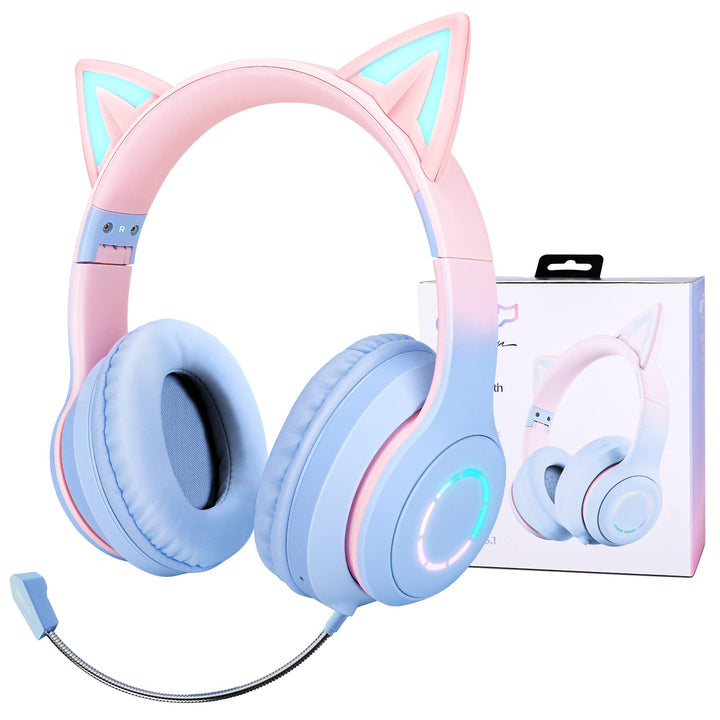 JYPS Kabellose Kinder Kopfhörer mit LED-Licht und Katzenohren für Mädchen, Bluetooth Kopfhörer Kinde