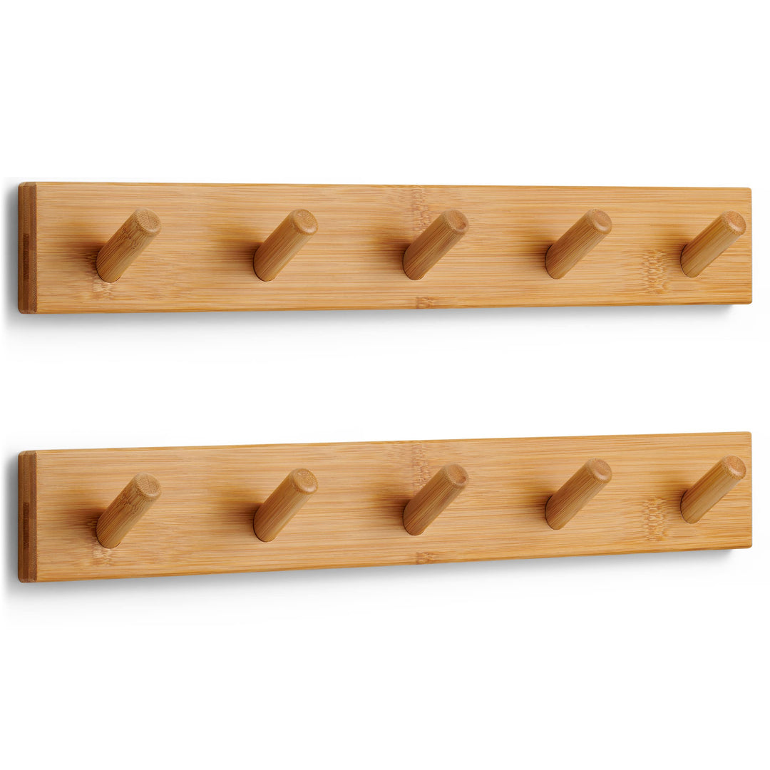 LARHN Garderobenhaken Holz (2 Stück) - Garderobenleiste Holz mit 5 Haken - 43 cm - Kleiderhaken Wand