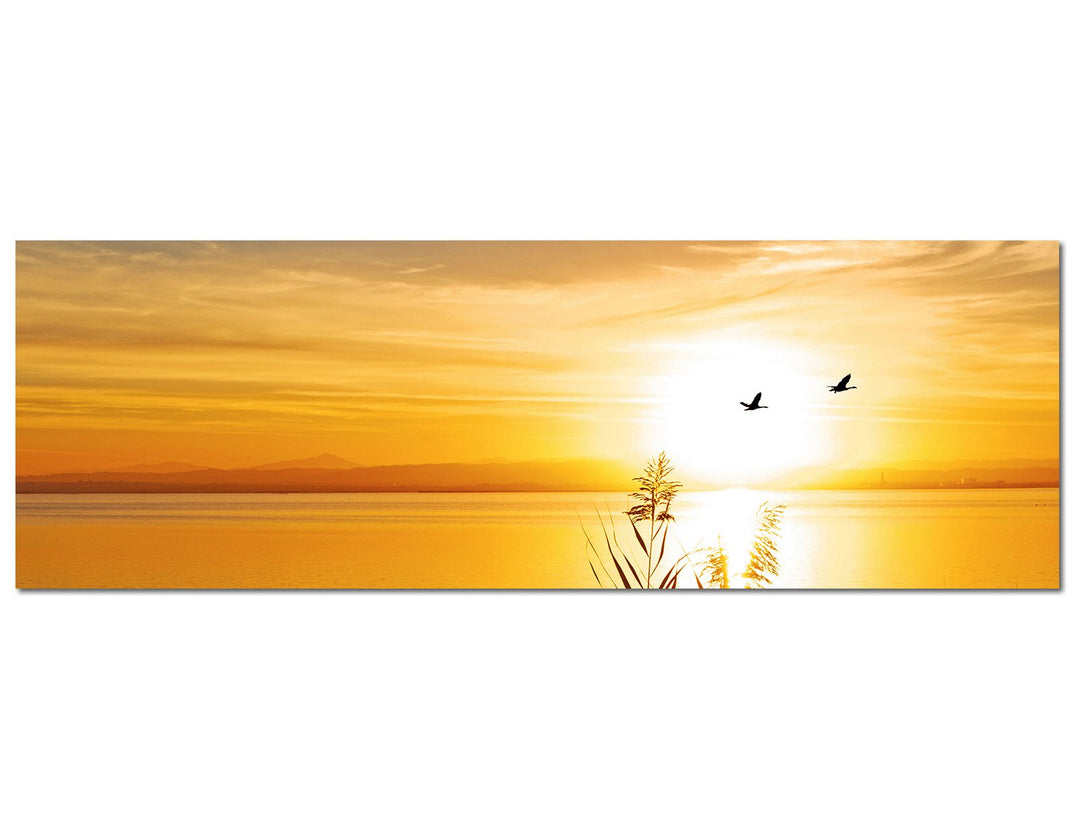 Paul Sinus Art Panoramabild auf Leinwand und Keilrahmen 150x50cm See Gräser Vögel Sonnenuntergang