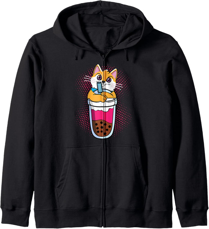 Cute Kawaii Bubble Tea Boba Milk Tea Anime Cat Kapuzenjacke