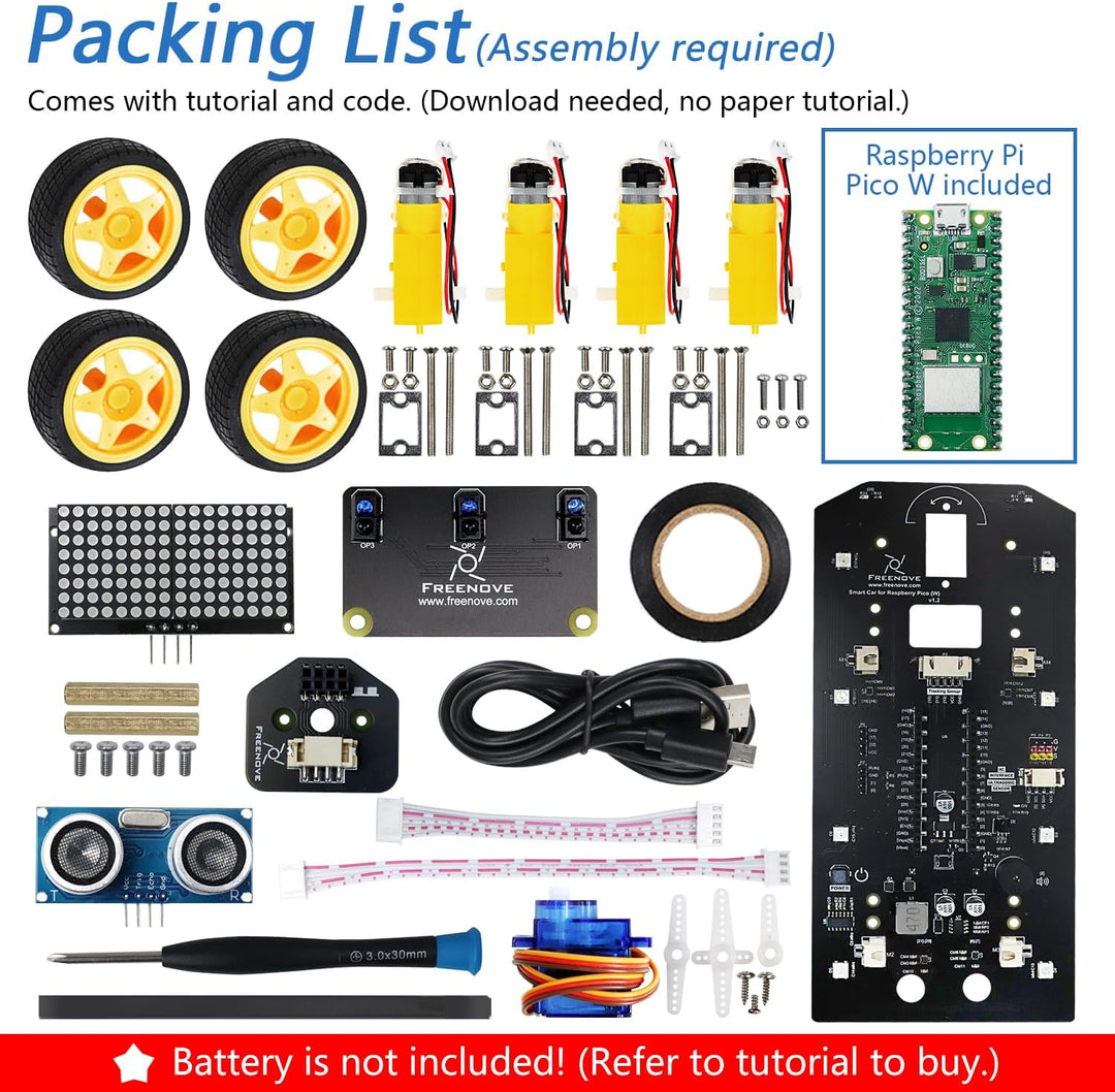 Freenove 4WD Car Kit for Raspberry Pi Pico W (Included) (Compatible with Arduino IDE), Dot Matrix Ex